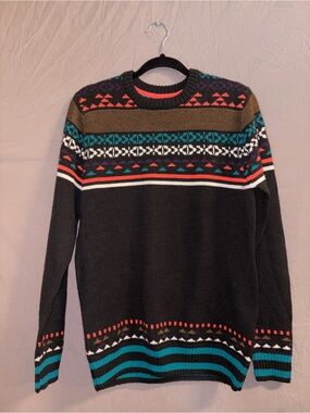 Divided Black Crewneck Sweater with Multicolor Fair Isle Yoke